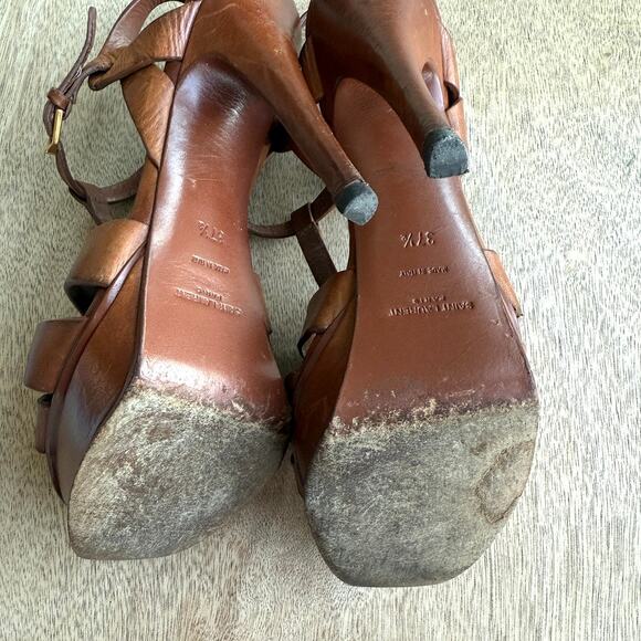 YSL SAINT LAURENT Tribute Platform Sandal Heel Cognac Leather 37.5 Italy Strappy - Picture 7 of 14